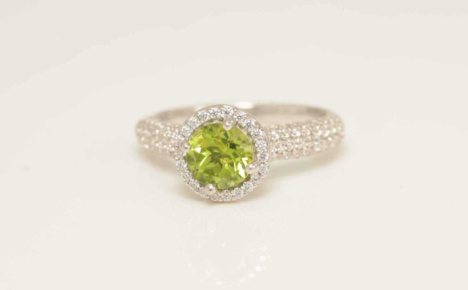 Diamond Halo Peridot Engagement Ring, August Birthstone Ring, Micro Pave Wedding Ring, Delicate Promise Ring, Anniversary Gift